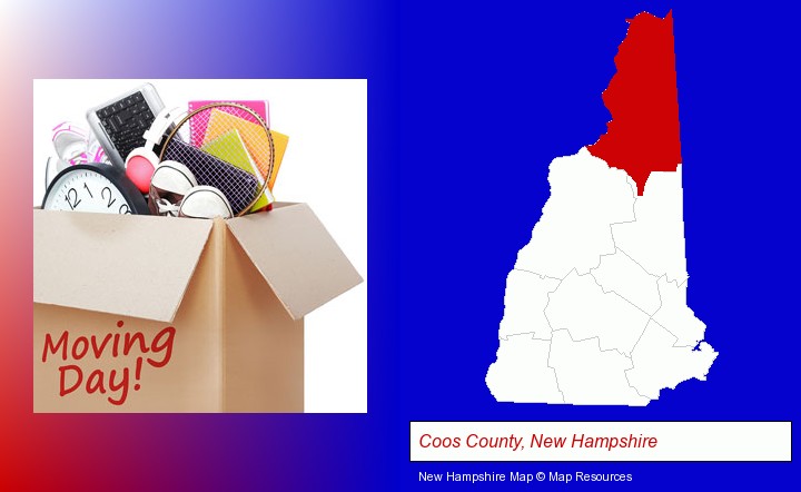 moving day; Coos County, New Hampshire highlighted in red on a map