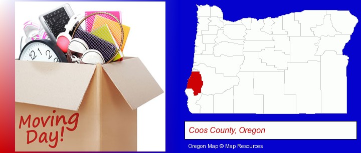 moving day; Coos County, Oregon highlighted in red on a map