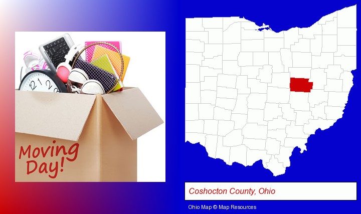 moving day; Coshocton County, Ohio highlighted in red on a map