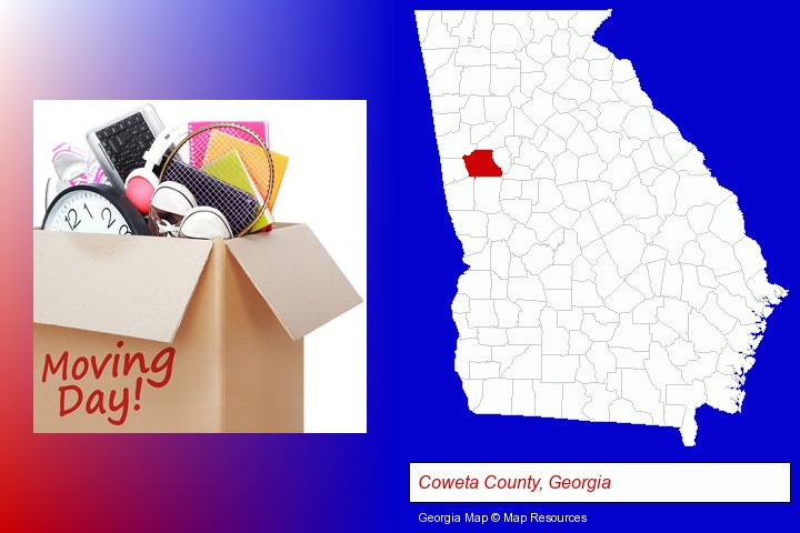 moving day; Coweta County, Georgia highlighted in red on a map