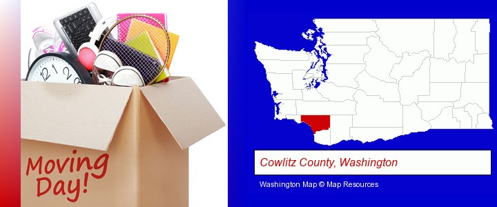 moving day; Cowlitz County, Washington highlighted in red on a map