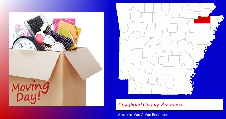 moving day; Craighead County, Arkansas highlighted in red on a map