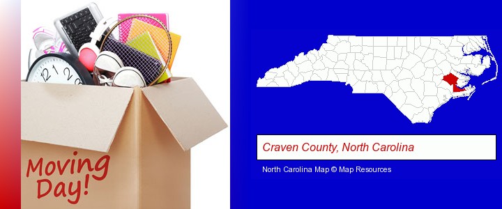 moving day; Craven County, North Carolina highlighted in red on a map