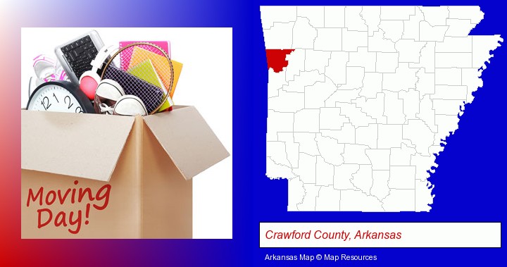 moving day; Crawford County, Arkansas highlighted in red on a map