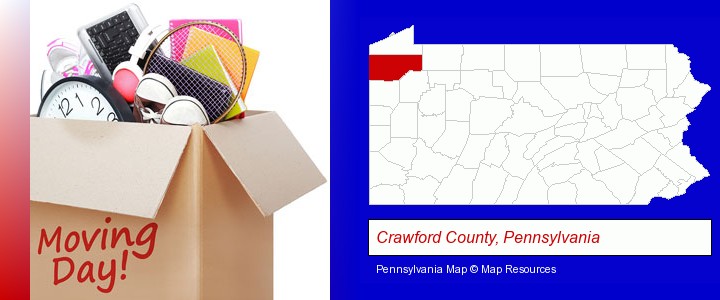 moving day; Crawford County, Pennsylvania highlighted in red on a map
