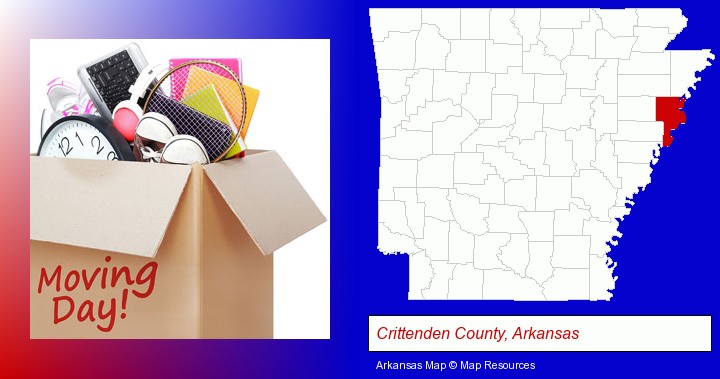 moving day; Crittenden County, Arkansas highlighted in red on a map