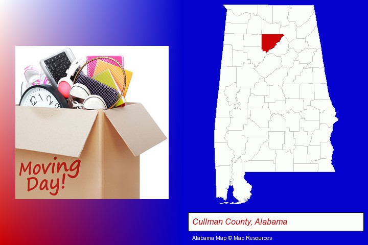 moving day; Cullman County, Alabama highlighted in red on a map