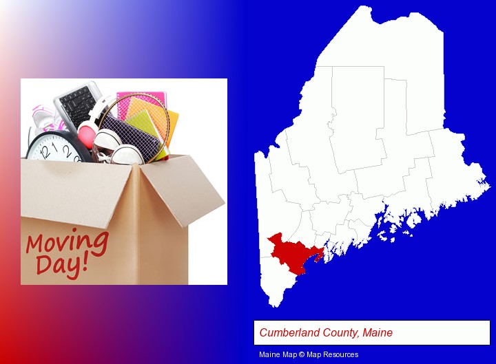 moving day; Cumberland County, Maine highlighted in red on a map