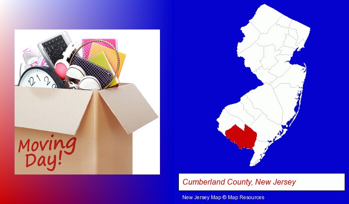 moving day; Cumberland County, New Jersey highlighted in red on a map