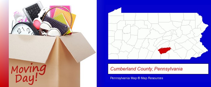 moving day; Cumberland County, Pennsylvania highlighted in red on a map