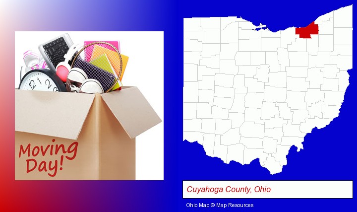 moving day; Cuyahoga County, Ohio highlighted in red on a map