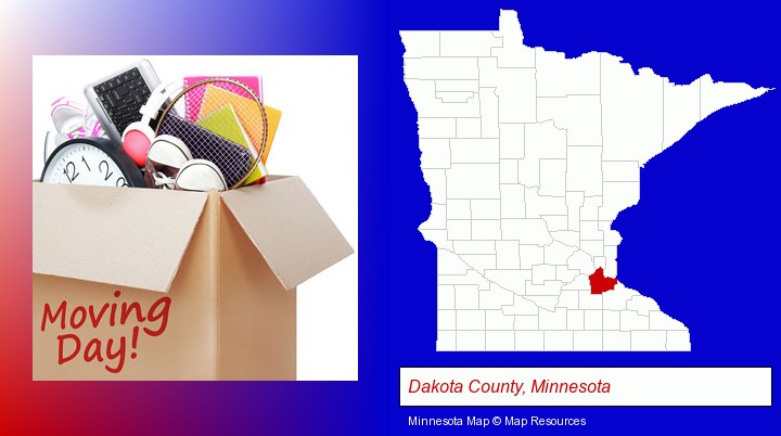 moving day; Dakota County, Minnesota highlighted in red on a map