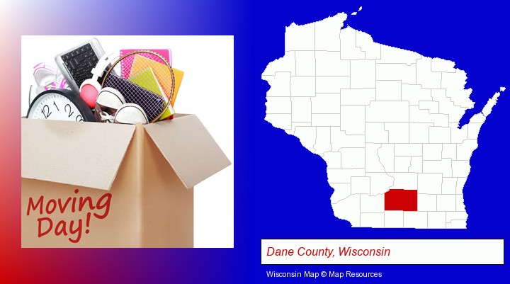 moving day; Dane County, Wisconsin highlighted in red on a map