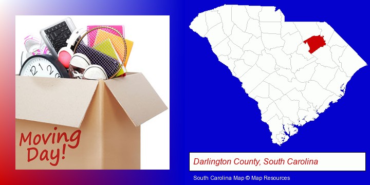 moving day; Darlington County, South Carolina highlighted in red on a map