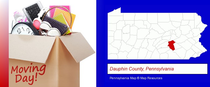 moving day; Dauphin County, Pennsylvania highlighted in red on a map