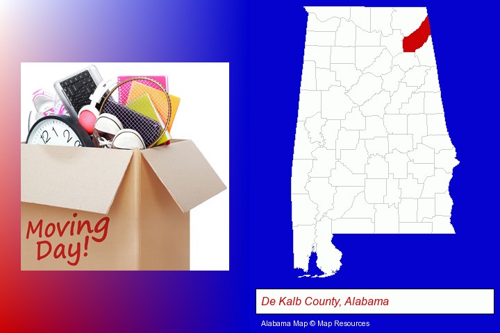 moving day; De Kalb County, Alabama highlighted in red on a map