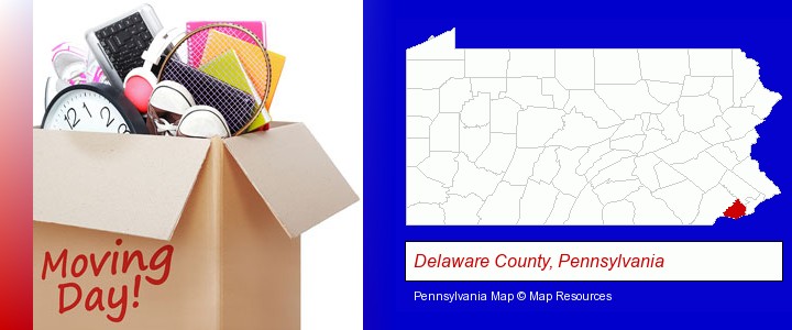 moving day; Delaware County, Pennsylvania highlighted in red on a map