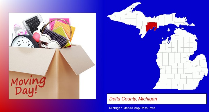 moving day; Delta County, Michigan highlighted in red on a map