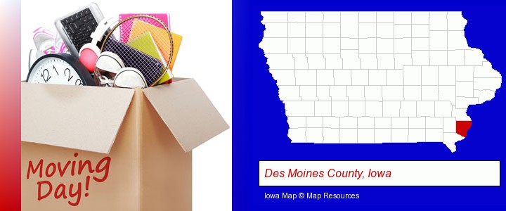 moving day; Des Moines County, Iowa highlighted in red on a map