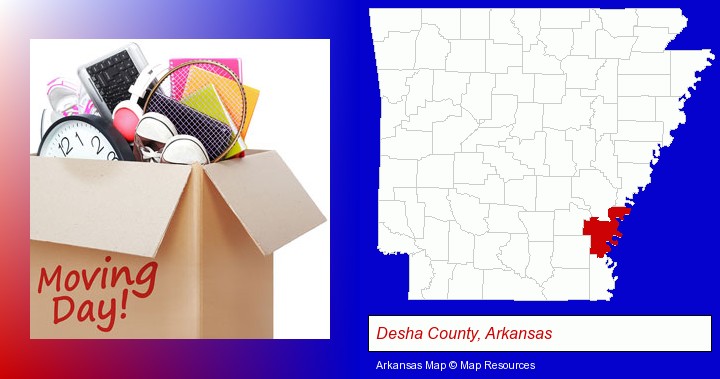 moving day; Desha County, Arkansas highlighted in red on a map