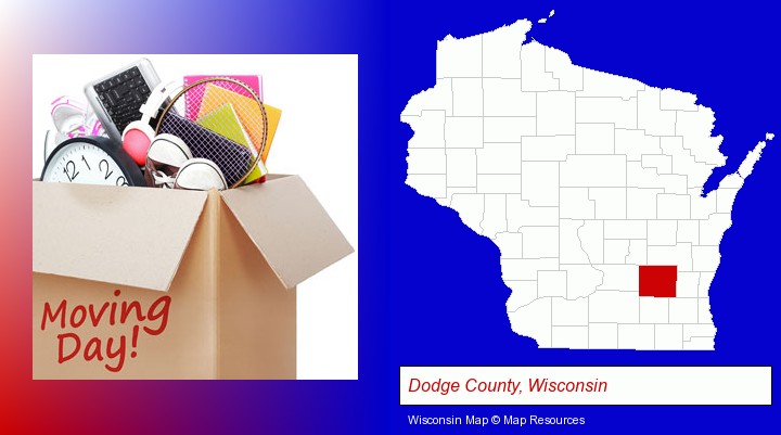 moving day; Dodge County, Wisconsin highlighted in red on a map