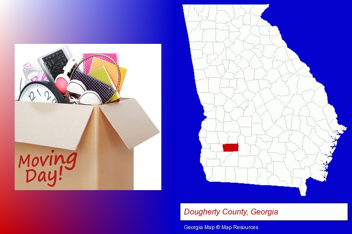 moving day; Dougherty County, Georgia highlighted in red on a map