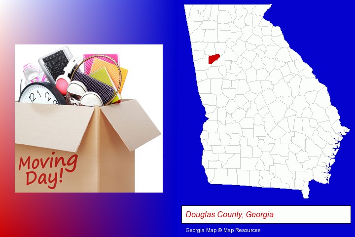 moving day; Douglas County, Georgia highlighted in red on a map