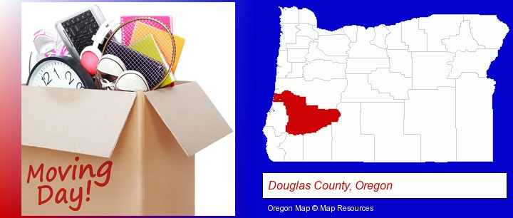 moving day; Douglas County, Oregon highlighted in red on a map