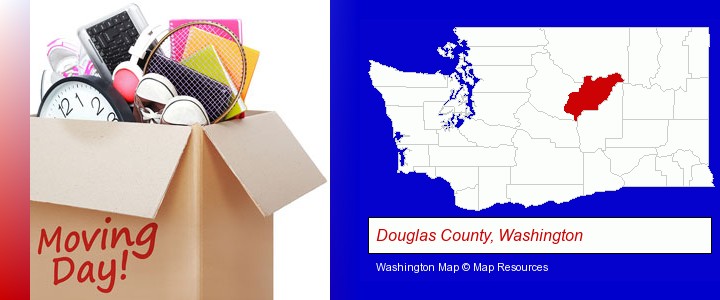 moving day; Douglas County, Washington highlighted in red on a map