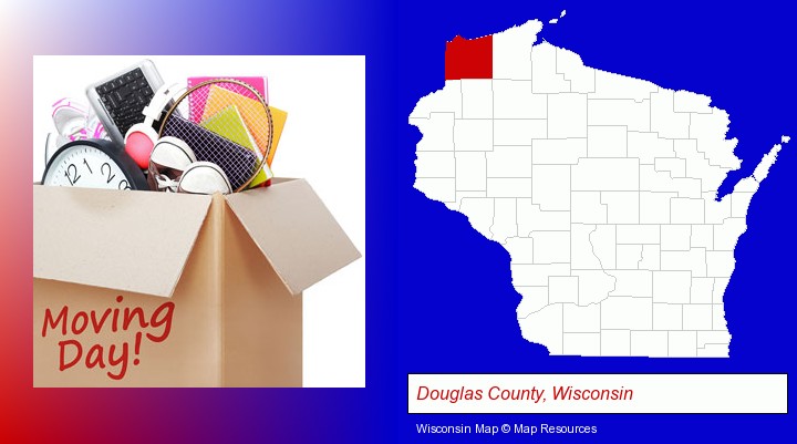 moving day; Douglas County, Wisconsin highlighted in red on a map