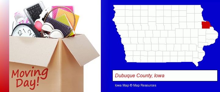 moving day; Dubuque County, Iowa highlighted in red on a map