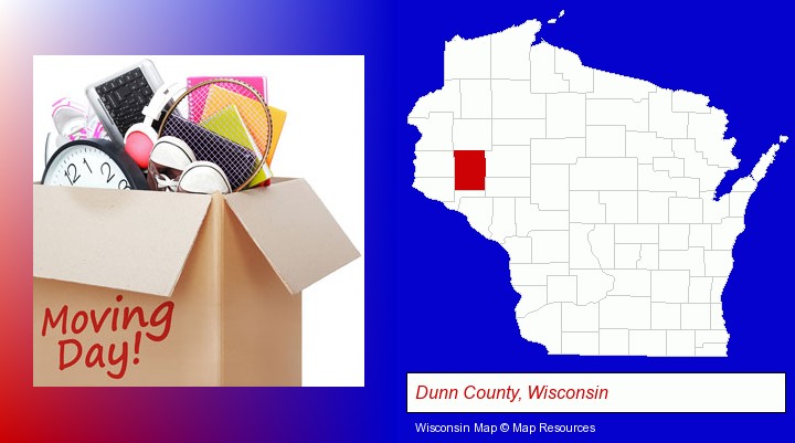 moving day; Dunn County, Wisconsin highlighted in red on a map