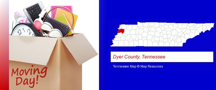 moving day; Dyer County, Tennessee highlighted in red on a map