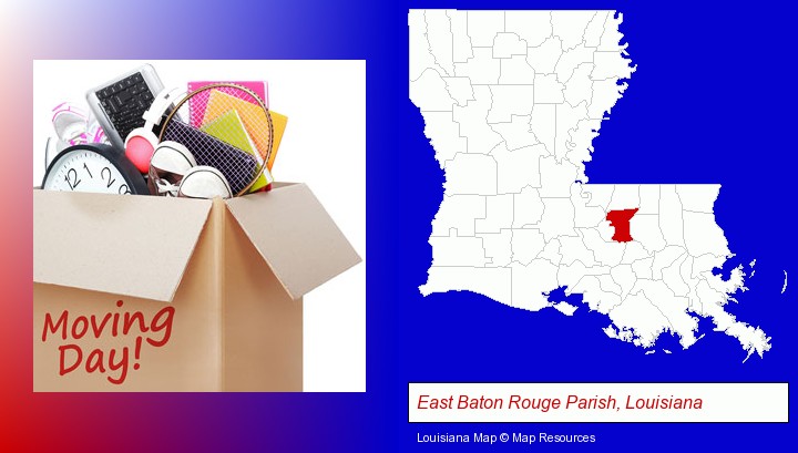 moving day; East Baton Rouge Parish, Louisiana highlighted in red on a map