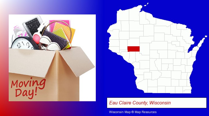 moving day; Eau Claire County, Wisconsin highlighted in red on a map