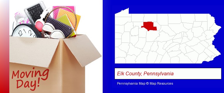 moving day; Elk County, Pennsylvania highlighted in red on a map