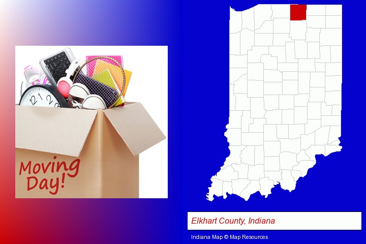 moving day; Elkhart County, Indiana highlighted in red on a map