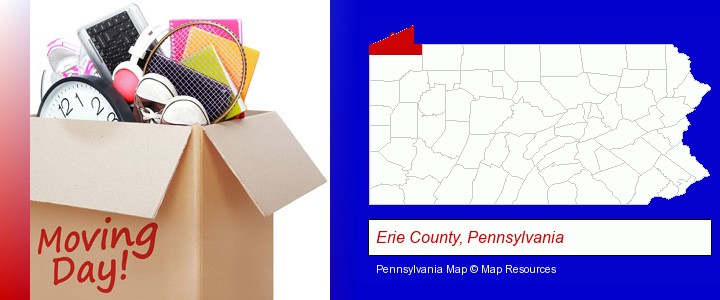 moving day; Erie County, Pennsylvania highlighted in red on a map