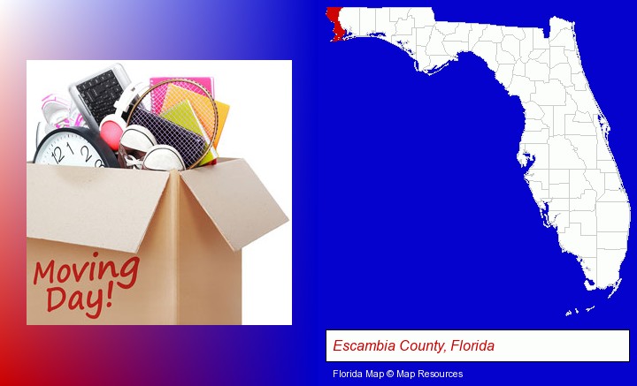 moving day; Escambia County, Florida highlighted in red on a map