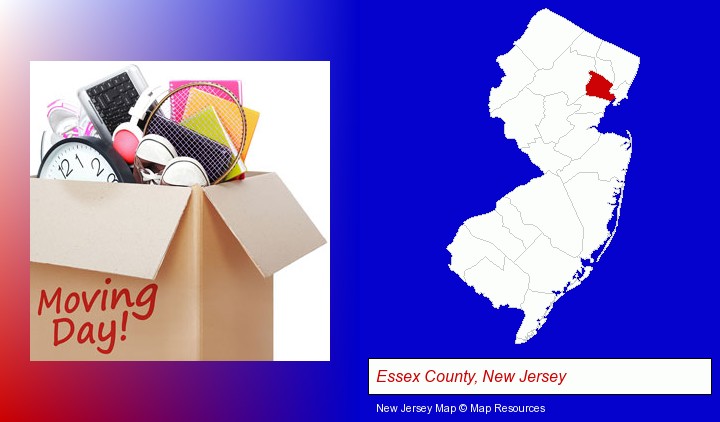 moving day; Essex County, New Jersey highlighted in red on a map