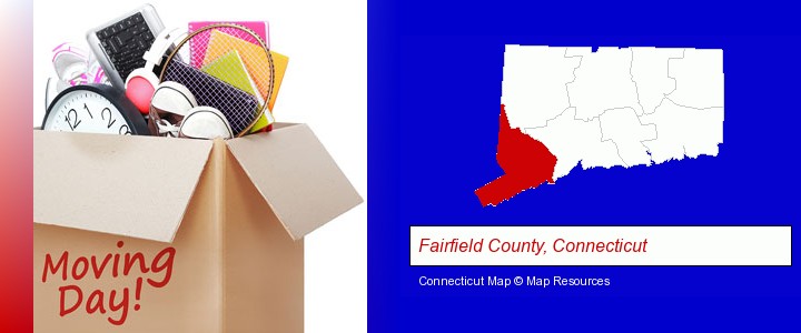 moving day; Fairfield County, Connecticut highlighted in red on a map
