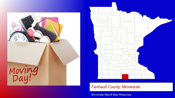 moving day; Faribault County, Minnesota highlighted in red on a map