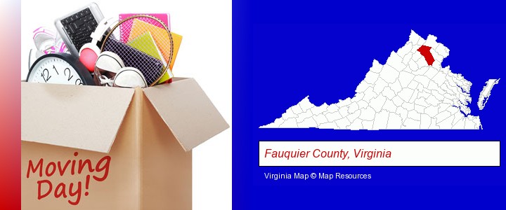 moving day; Fauquier County, Virginia highlighted in red on a map