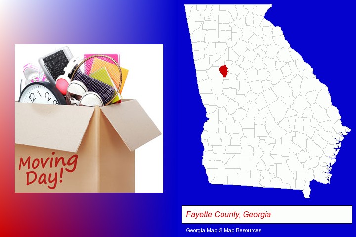 moving day; Fayette County, Georgia highlighted in red on a map