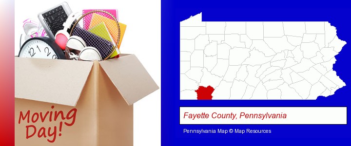 moving day; Fayette County, Pennsylvania highlighted in red on a map