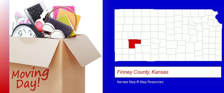 moving day; Finney County, Kansas highlighted in red on a map