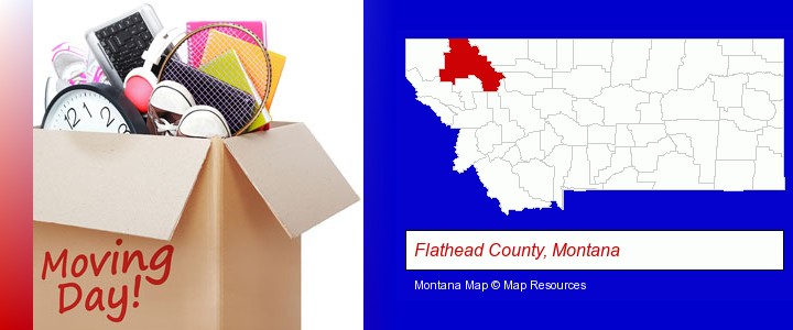 moving day; Flathead County, Montana highlighted in red on a map