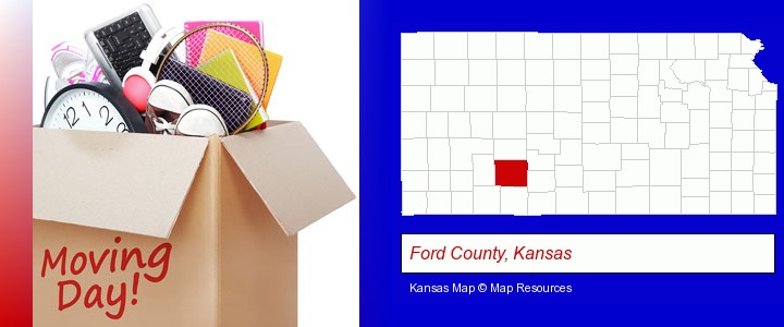 moving day; Ford County, Kansas highlighted in red on a map