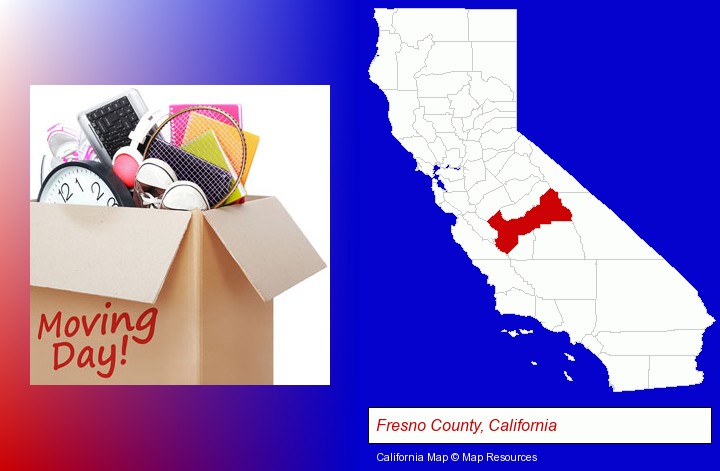 moving day; Fresno County, California highlighted in red on a map