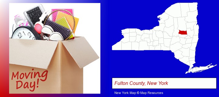 moving day; Fulton County, New York highlighted in red on a map